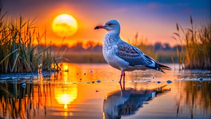 A majestic Inland Gull stands tall on dew-kissed wetlands, its feathers ruffled by the gentle morning breeze, gazing at the dawn's vibrant hues.