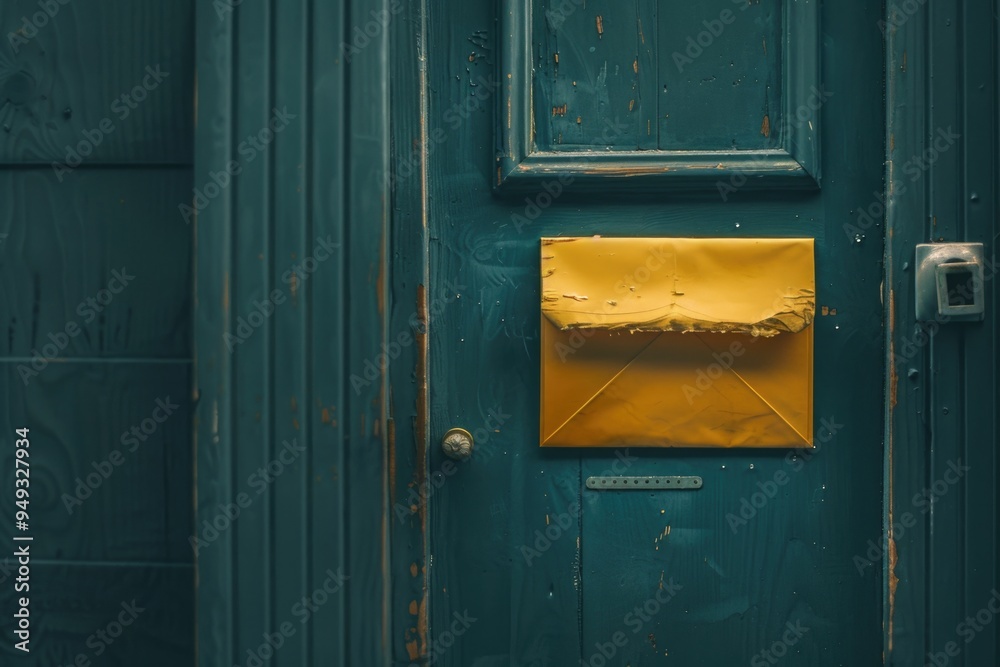 Poster a green door with a yellow envelope attached, suggesting a message or invitation