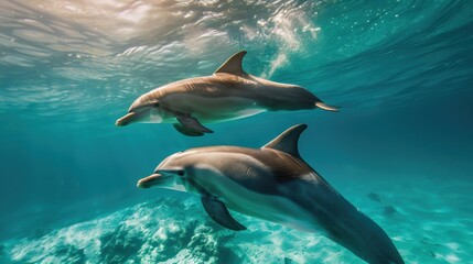 Obraz premium Dolphins swimming gracefully underwater, their sleek bodies gliding through the clear blue ocean. The sunlight filtering through the water enhances the beauty of this aquatic scene.