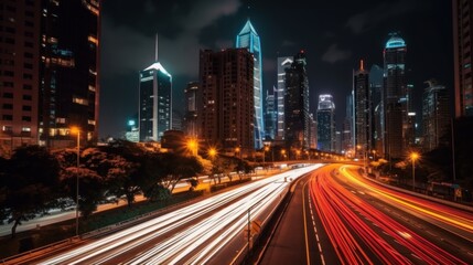 Cityscape at Night with Light Trails