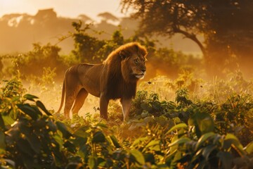 a lion in the early morning light with the rimligt on its powerful presence and regal mane highlighted by the sun's rays. Ideal for travel brochures and conservation campaigns.