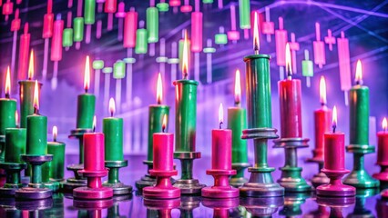 Obraz premium Lit Candles on Candelabras with a Blurry Background of Colorful Candlesticks