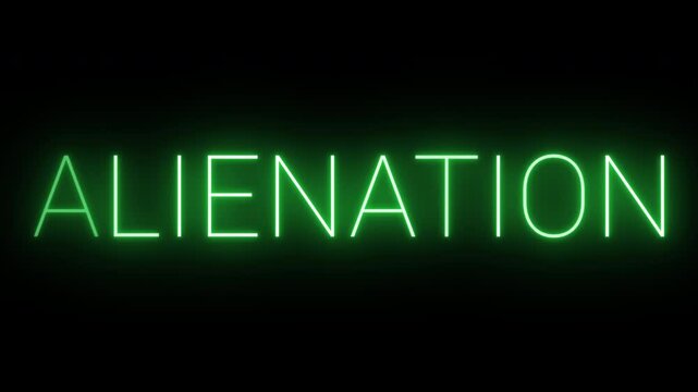 Flickering neon green glowing alienation text animated on black background