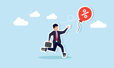 A businessman in spiked shoes running towards a red discount balloon, Illustration concept of Racing to secure discounts or promotional offers on a product or service