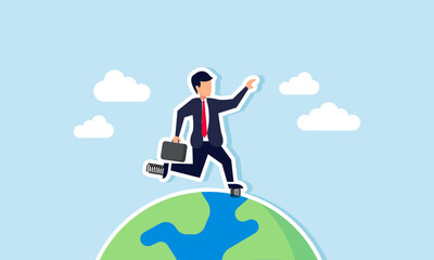 A businessman wearing spring loaded shoes racing around the globe, Illustration concept of Efforts to accelerate global expansion or introduce a business worldwide
