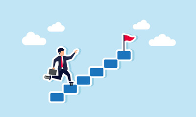 Fototapeta premium A businessman in spring shoes runs up steps to grab a flag, representing ambition and success, llustration concept of A businessman rapid push to reach goals or to become a leader in his industry