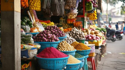 Colorful market scene with various spices and produce displayed in vibrant arrangements