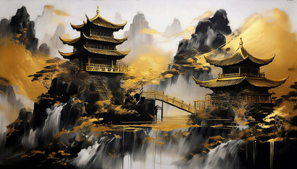 Obraz premium Abstract paintings describe the beauty of Chinese temple buildings