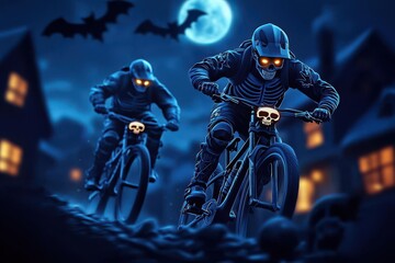 Skeleton bikers racing through a haunted town at night, their bones glowing in the moonlight, Halloween sport, skeleton bike race
