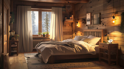 Rustic bedroom with a wooden bed frame, cozy bedding, and warm lighting.
