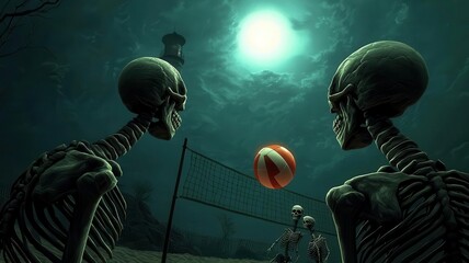 Skeletons playing beach volleyball under the eerie glow of a haunted lighthouse, Halloween sport, skeleton beach volleyball
