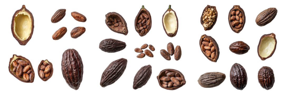 Cacao Beans and Pods Isolated on Transparent Background