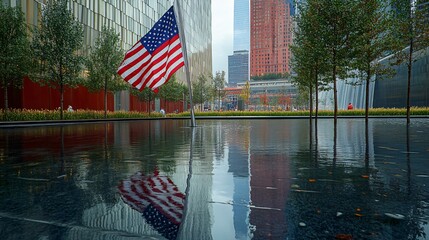 The American flag blowing in the breeze at Ground Zero Memorial with the Freedom Tower reflecting in the water