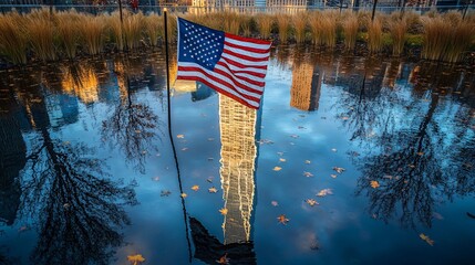The American flag blowing in the breeze at Ground Zero Memorial with the Freedom Tower reflecting in the water
