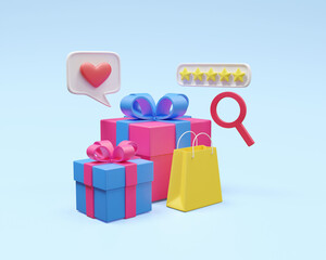 3D illustration with gift box icon, shopping bag, message bubble with heart, magnifying glass and 5 stars of online shopping satisfaction concept 