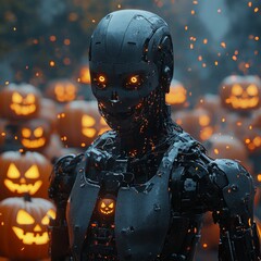 Naklejka premium Halloween Robot with Jack o Lantern Background