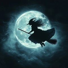 Fototapeta premium Silhouette of Witch Flying on Broom Under Full Moon