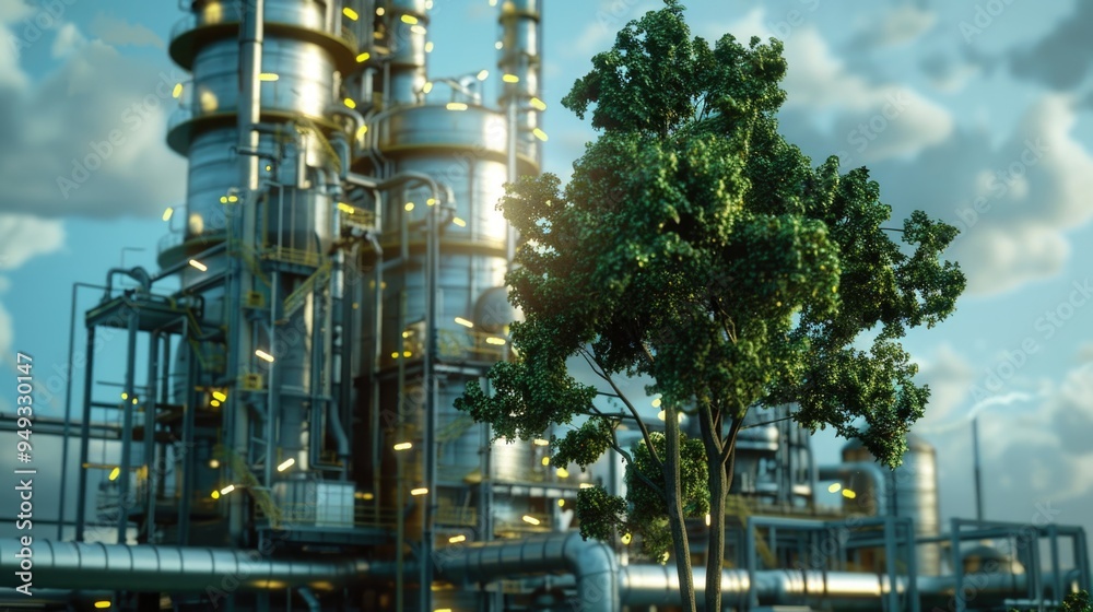 Poster a large industrial facility with a single tree standing in the foreground, symbolizing nature and in