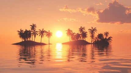 Golden sunset over a peaceful, secluded island, with silhouettes