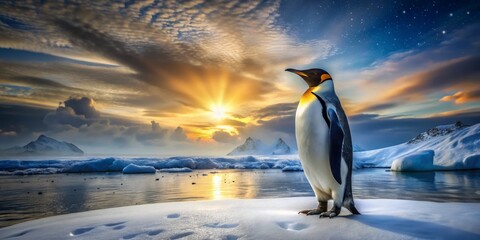 Obraz premium Antarctic snowfall swirls around the Emperor Penguin as it stands proudly on icy terrain, regal feathers glistening with iridescent blues and golds, bathed in sunset's warm glow.