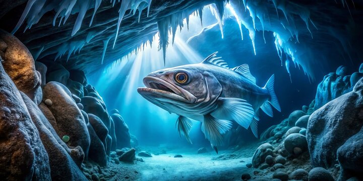 Antarctic Toothfish glimmers amidst ethereal blue light amidst frozen crystals, as bioluminescent plankton dance like sparks around it, amidst the haunting quiet of a dark, icy trench.