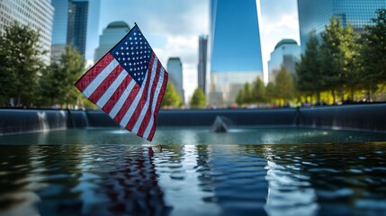 Close-up of the American flag fluttering at Ground Zero with the memorial fountains in the distance