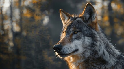 Obraz premium Grey wolf portrait on black background with copy space.