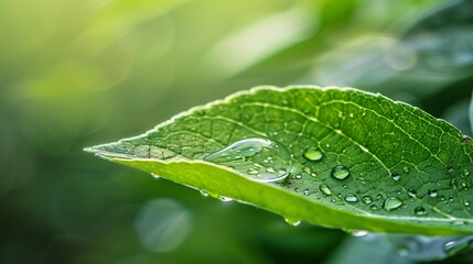 Fototapeta premium Green leaves with drops of water in the morning. Nature background.