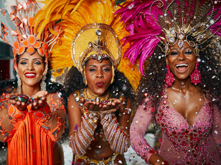 Dancer, confetti and carnival for art, event or street festival as parade or entertainment in Brazil. Female people, fashion and celebration for party, show or culture as tradition in Rio de janeiro