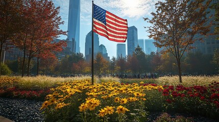 The American flag standing tall at Ground Zero on a peaceful September morning