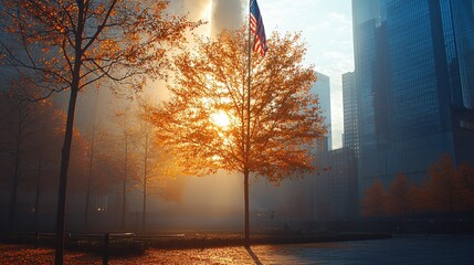The American flag flying at half-mast at Ground Zero in honor of 9/11