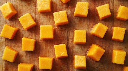 Perfectly cut mango cubes, displayed in a symmetrical pattern on a wooden surface, bathed in warm