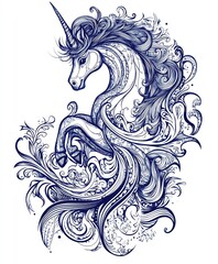 Fototapeta premium A beautifully illustrated unicorn surrounded by flowing floral patterns.