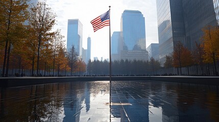 The American flag flying at half-mast at Ground Zero in honor of 9/11