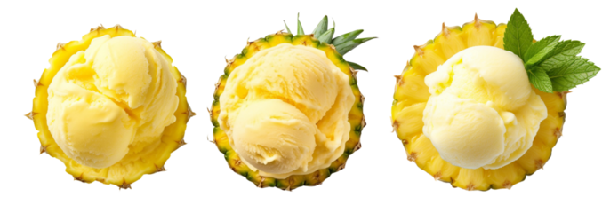 Delicious pineapple sorbet served in fresh pineapple bowls, png