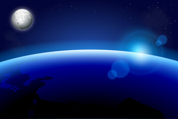 An Illustration of Cosmic Sunrise Over Earth Horizon depicts a breathtaking cosmic sunrise as viewed from space, with the sun's rays emerging over the curved horizon of Earth. The deep blues and black