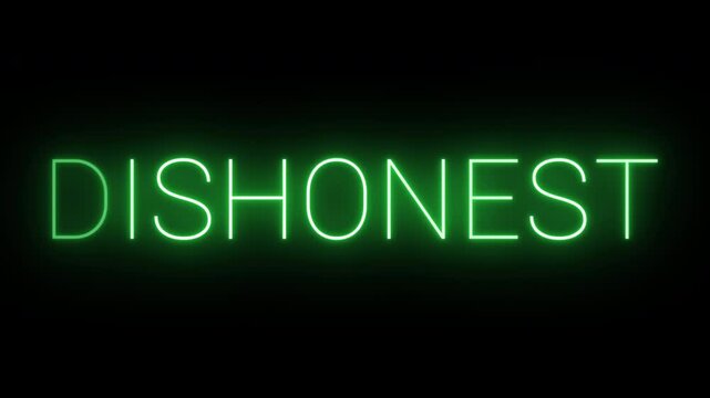 Flickering neon green glowing dishonest text animated on black background