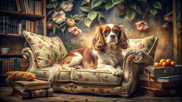 A royally rambunctious King Charles Spaniel mix lounges on a faded velvet sofa, surrounded by vintage tomes and faded florals, warm light spilling a golden glow.
