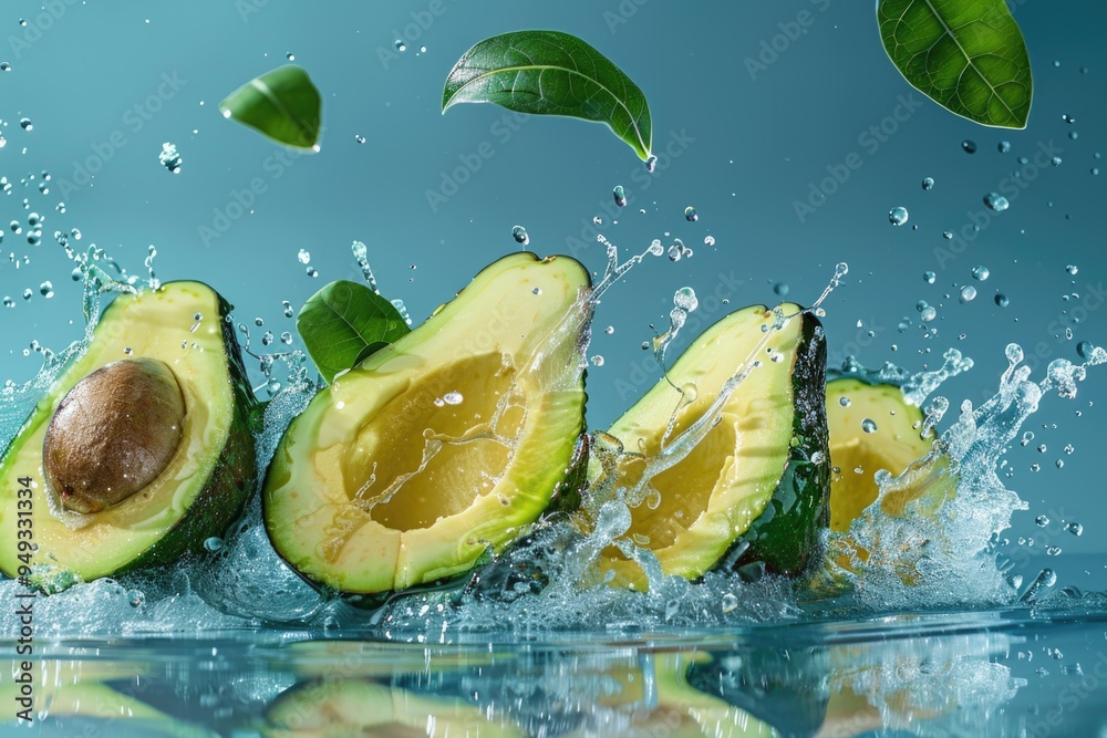 Poster a ripe avocado falls from above into a calm body of water, creating ripples and waves