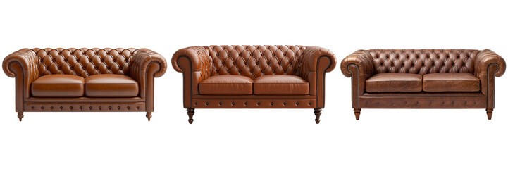 Brown Leather Sofa Isolated on Transparent Background