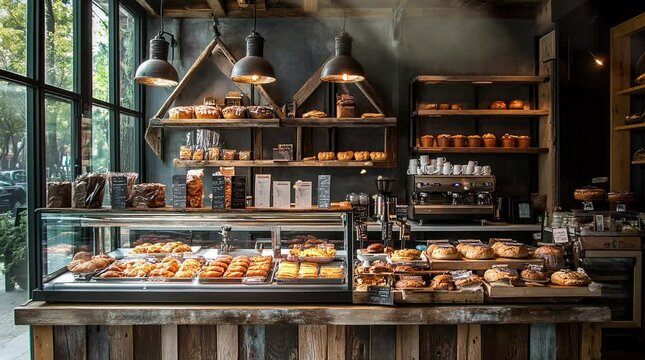 Cozy bread store with fresh loaves and pastries displayed on wooden shelves in a warm, inviting atmosphere
 seamless looping 4k time-lapse virtual video animation background. generated ai