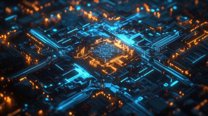 Obraz premium Quantum computer core, futuristic quantum circuits glowing in neon blue, intricate entangled qubits, digital particles, advanced technology background, sci-fi lab