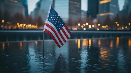 Close-up of the American flag at Ground Zero with the memorial fountains in the background