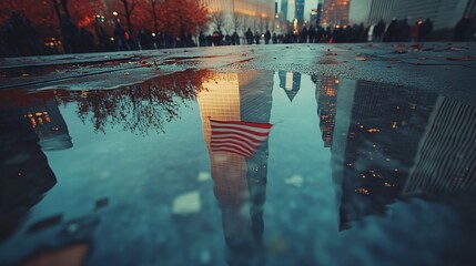 American flag reflected in the Ground Zero Memorial with the Freedom Tower in the distance