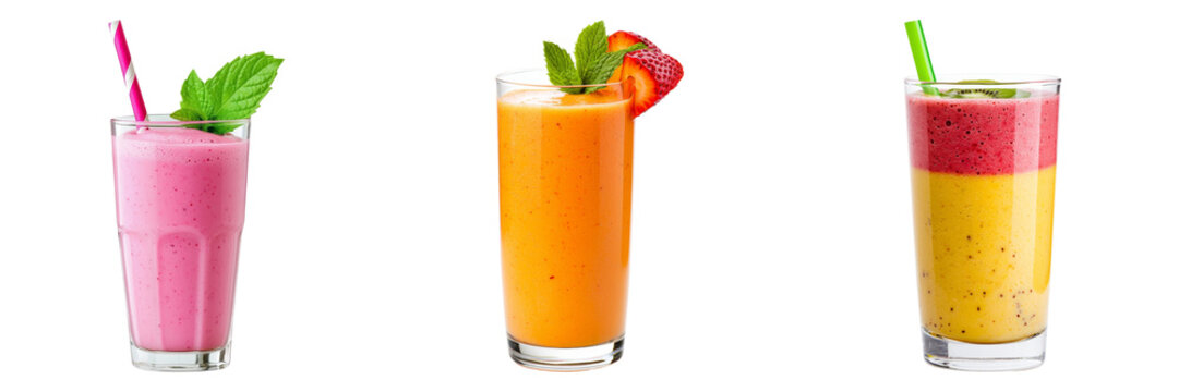 Fruit Smoothies in Glasses with Straws Isolated on Transparent Background