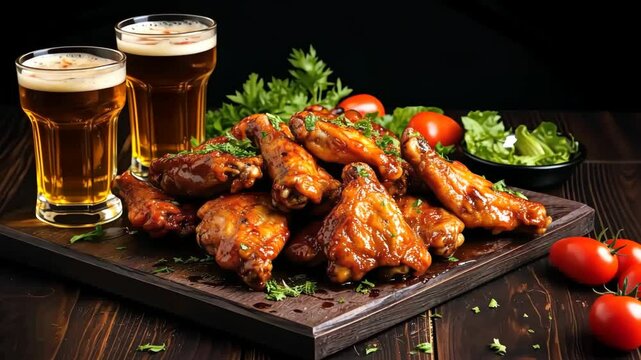 Delicious barbecue chicken wings served with cold beers and fresh vegetables on a wooden platter
