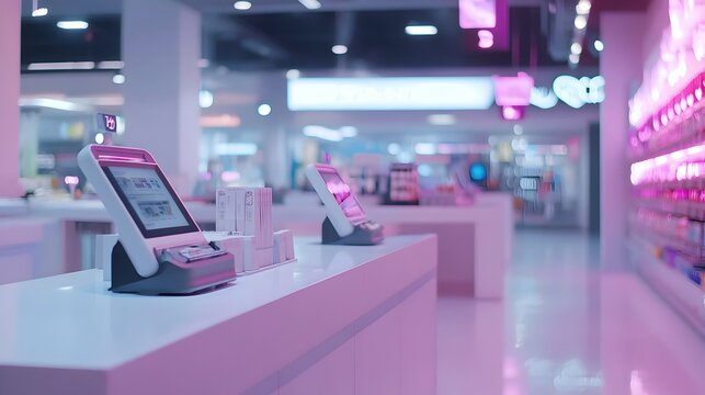 A photograph showcasing a sleek and modern smart shopping mall featuring automated checkout systems powered by IoT Internet of Things technology - Powered by Adobe