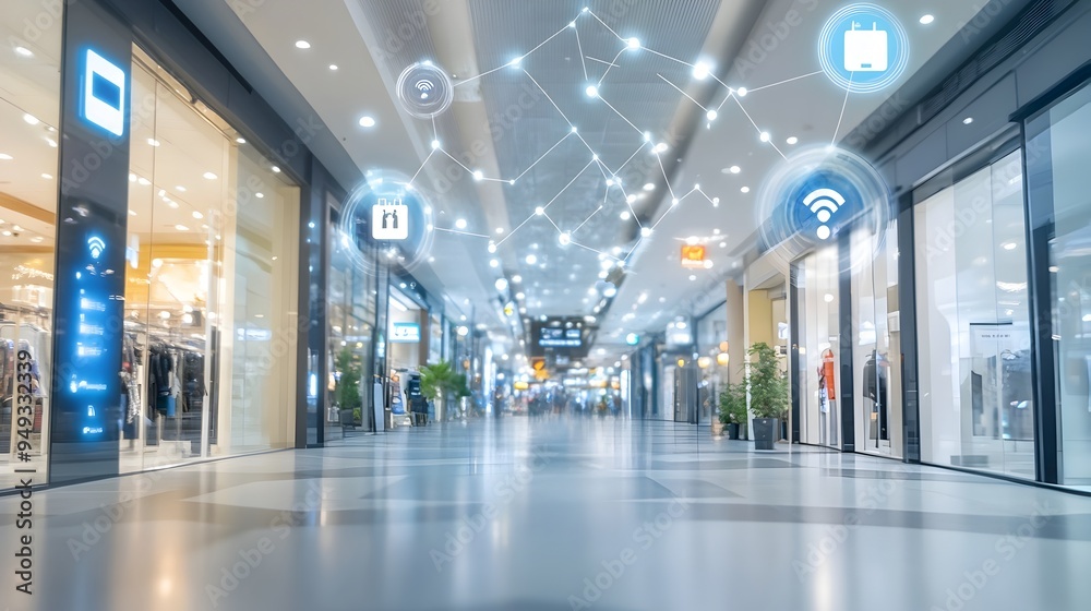 Poster photograph showcasing an iot driven energy management system in a smart shopping mall with ample cop