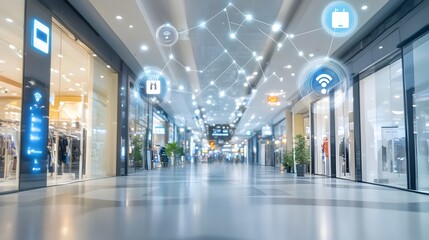 Photograph showcasing an IoT driven energy management system in a smart shopping mall with ample copy space for adding text or graphics