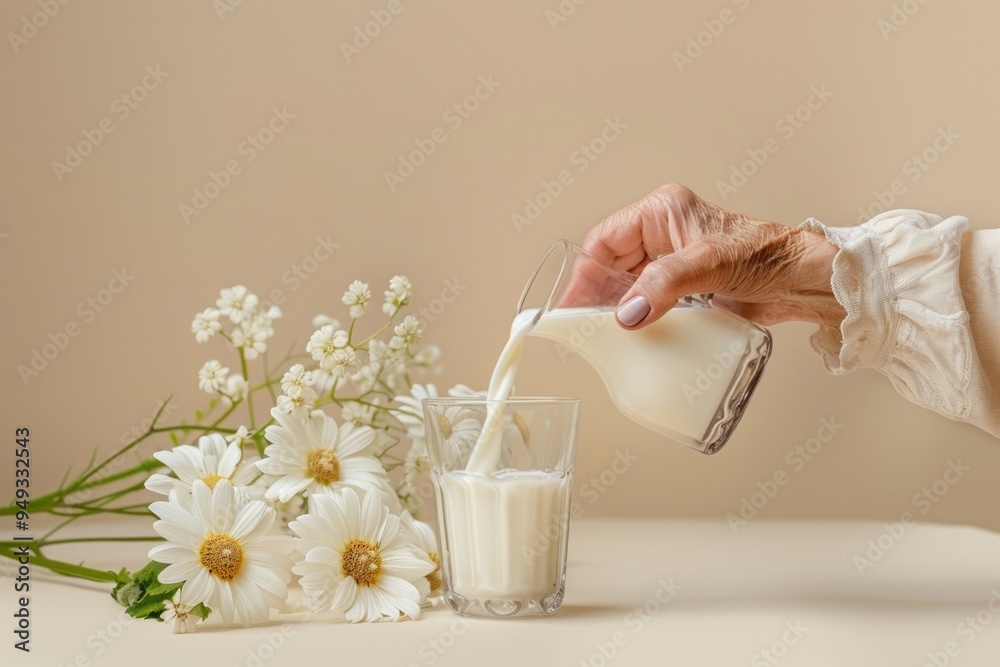 Canvas Prints A person pours milk into a glass, surrounded by flowers